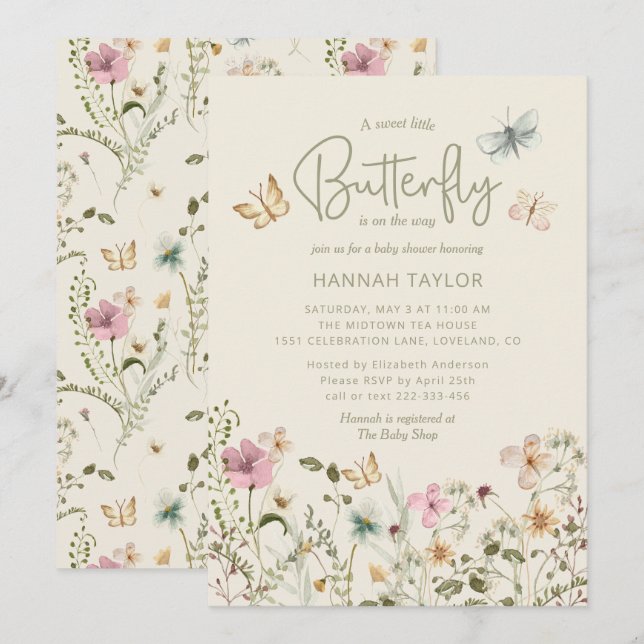 Invitation Un petit Baby shower de fille papillon (Devant / Derrière)