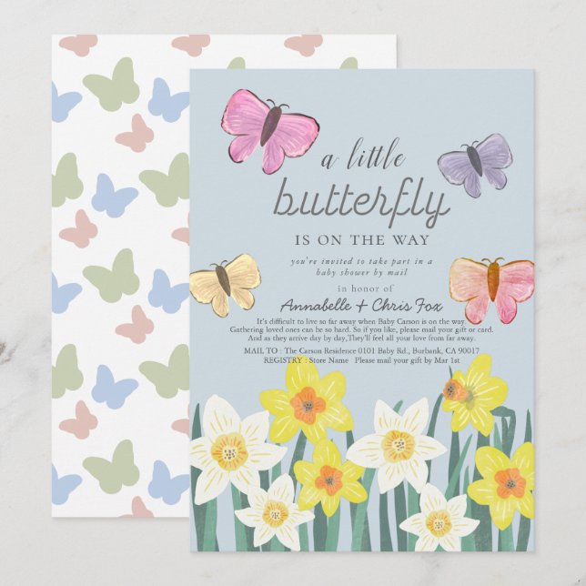 Invitation Un petit Baby shower de jonquille papillon par cou (Devant / Derrière)