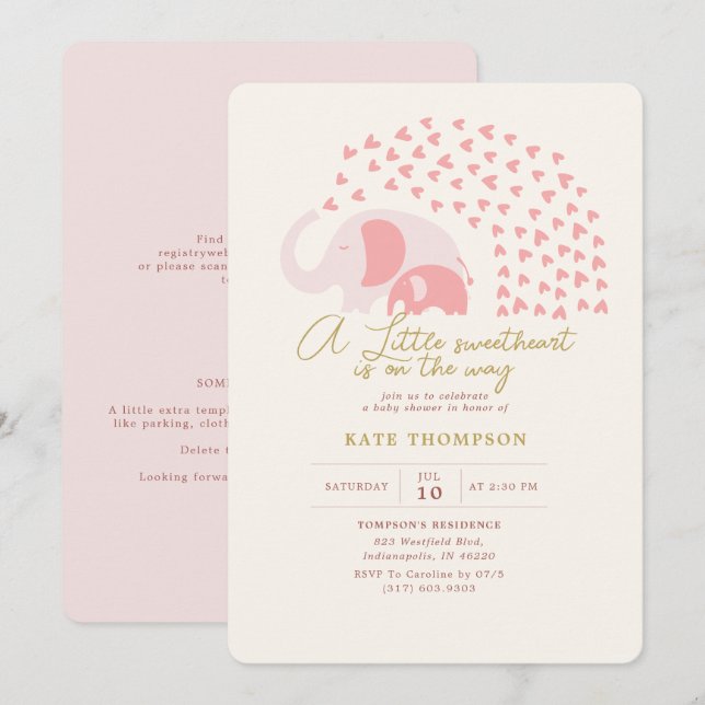 Invitation Un petit Baby shower d'éléphant amoureux (Devant / Derrière)