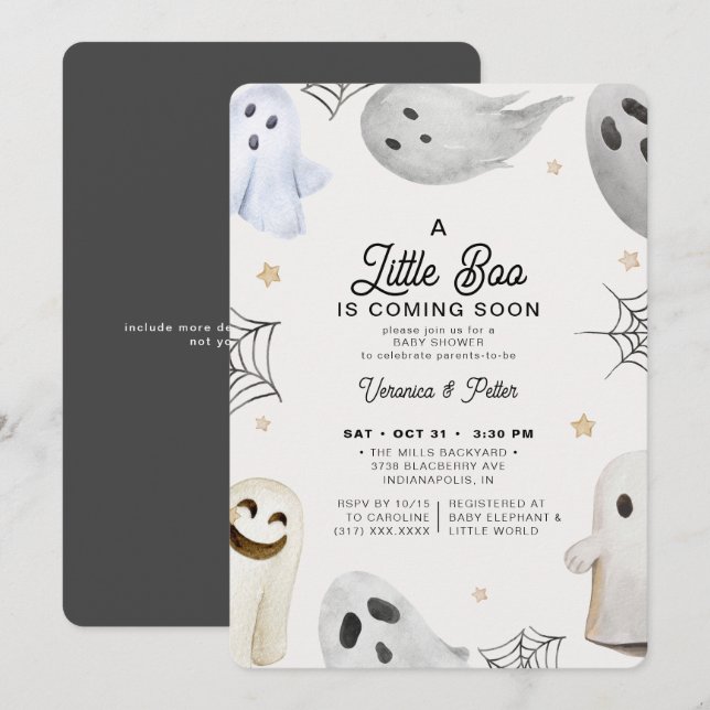 Invitation Un petit Baby shower d'Halloween gris neutre Boo (Devant / Derrière)