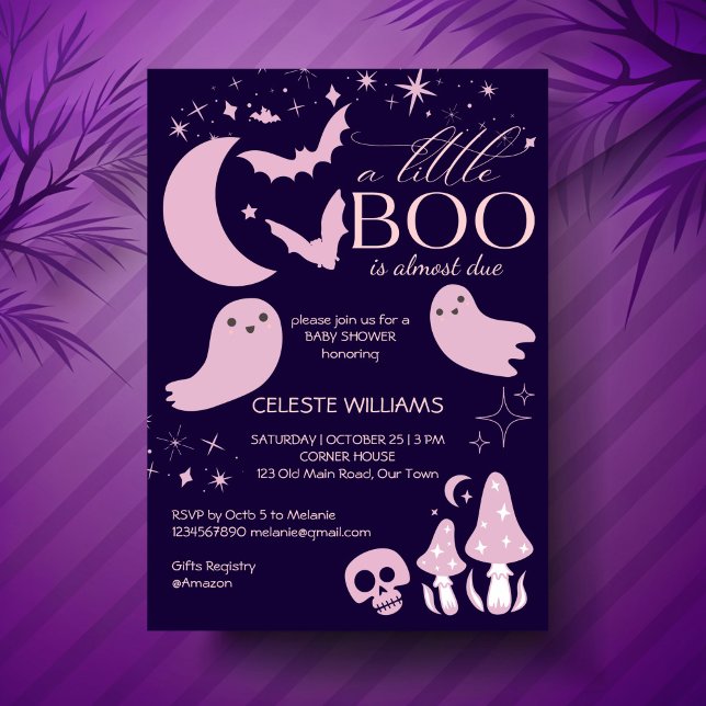 Invitation Un petit baby shower d'Halloween rose (A little boo pink purple celestial Halloween baby shower Invitation template instant download)
