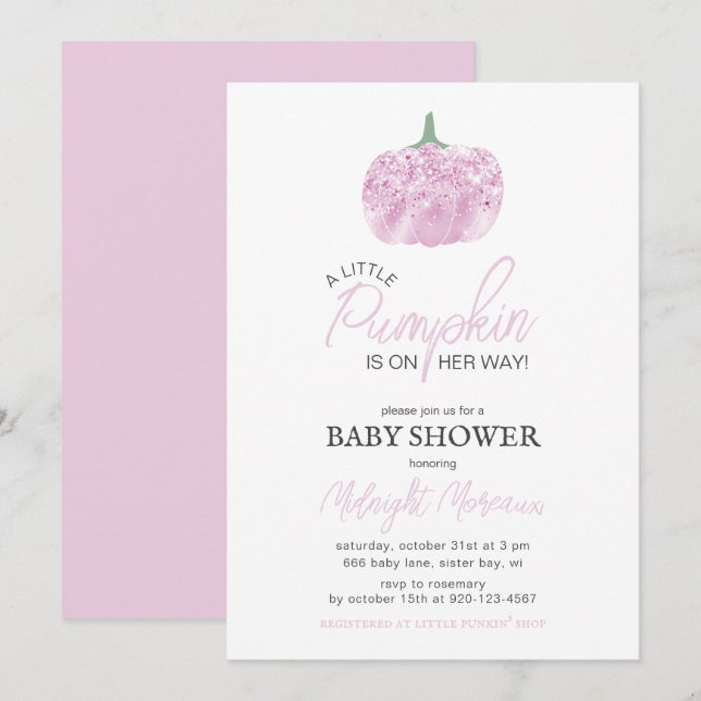 Invitation Un petit Baby shower d'Halloween rose Citrouille (Devant / Derrière)