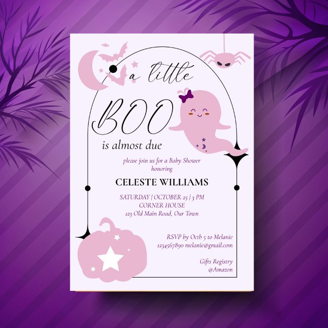 Invitation Un petit baby shower d'Halloween rose pastel (A little boo cute celestial pastel pink Halloween baby shower Invitation template instant download)