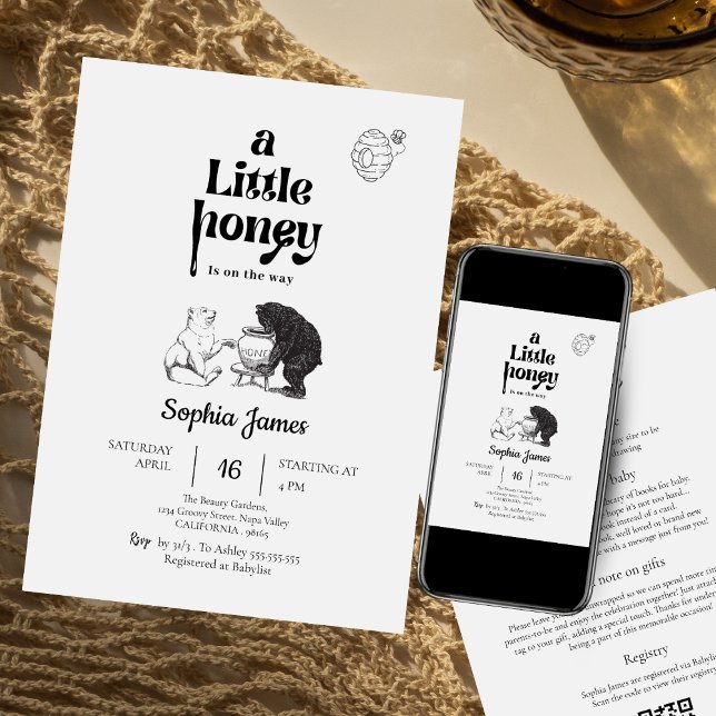 Invitation Un petit baby shower d'ours blanc noir au miel (Créateur téléchargé)