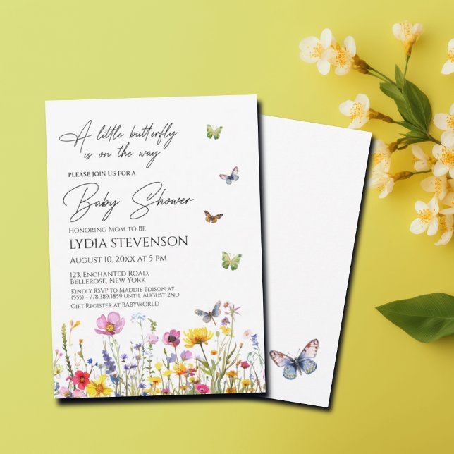Invitation Un petit Baby shower Fleur sauvage de papillon (Créateur téléchargé)