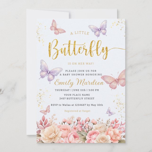 Invitation Un petit baby shower fleuri de papillon Boho (Devant)