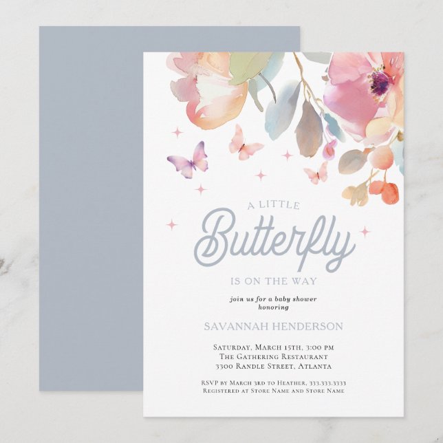 Invitation Un petit Baby shower Floral bleu rose papillon (Devant / Derrière)