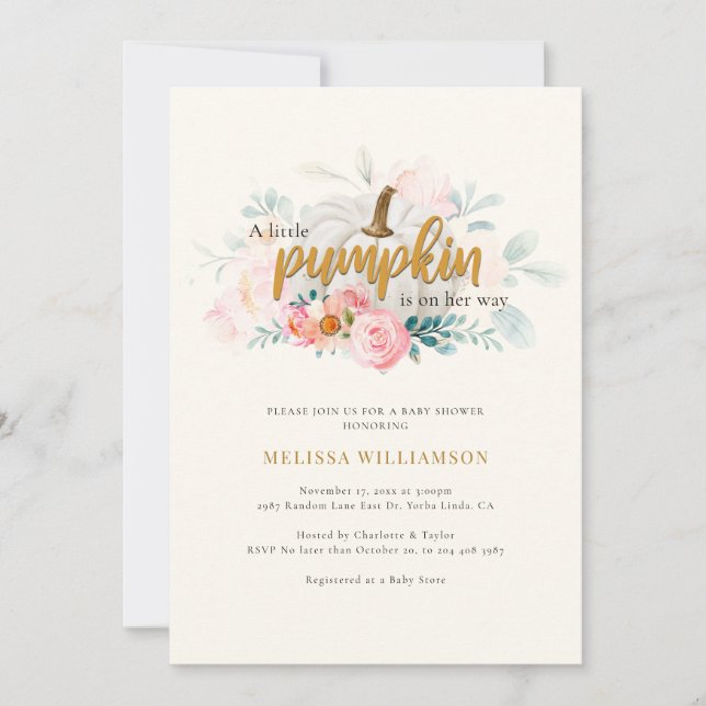 Invitation Un Petit Baby shower Floral Rose Citrouille Fille (Devant)