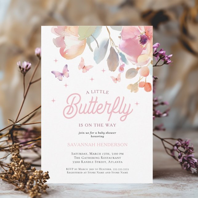 Invitation Un petit Baby shower floral rose papillon (Créateur téléchargé)