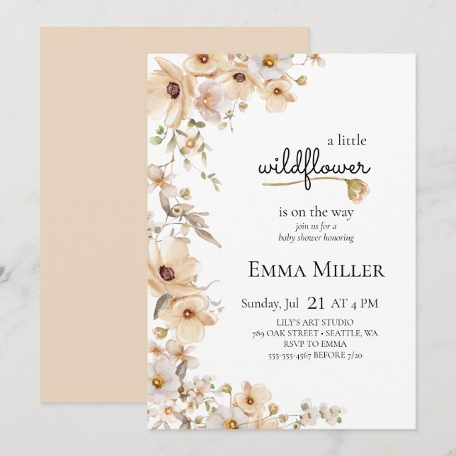 Invitation Un Petit Baby shower Naturel Beige Un Peu Fleur sa (Devant / Derrière)