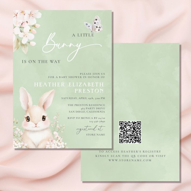 Invitation Un petit Baby shower QR vert Bunny Sage (Créateur téléchargé)