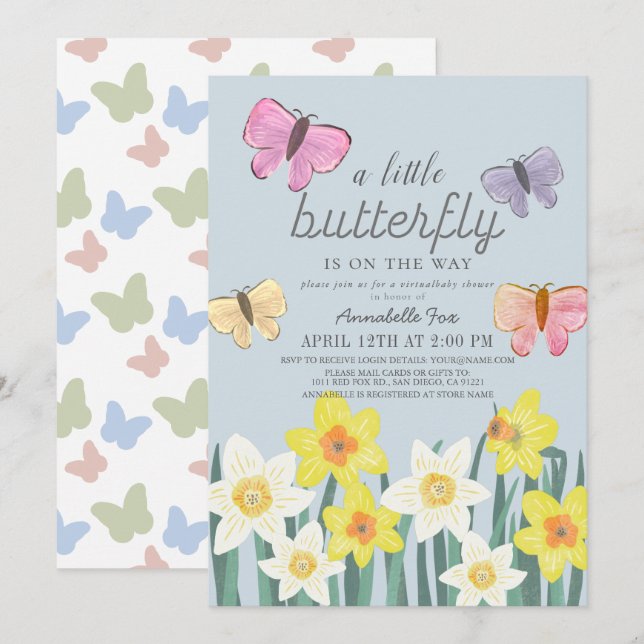 Invitation Un petit Baby shower virtuel de la jonquille papil (Devant / Derrière)