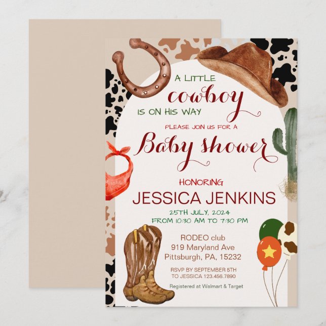 Invitation Un petit Baby shower Western Boy Cowboy (Devant / Derrière)