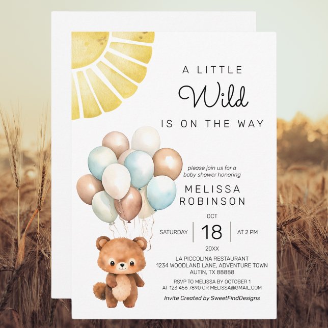 Invitation Un Petit Beau Ours Un Peu Sauvage Moderne (A Little Wild Cute Bear Modern Balloons Invitation)