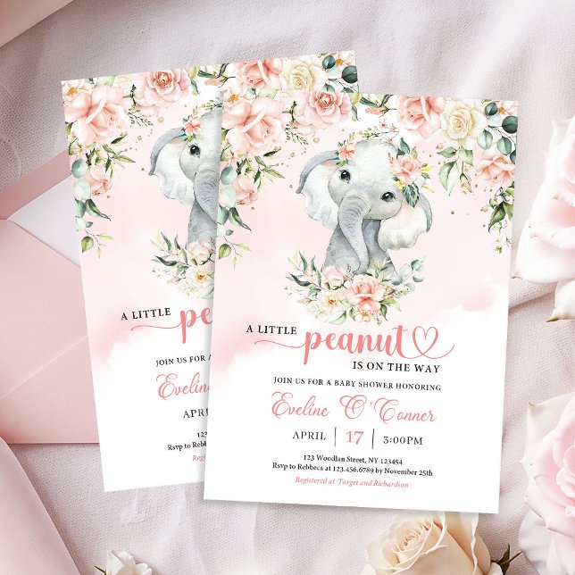 Invitation Un petit bébé éléphant d'arachide d'or floral (A little peanut baby elephant blush floral gold invitation)