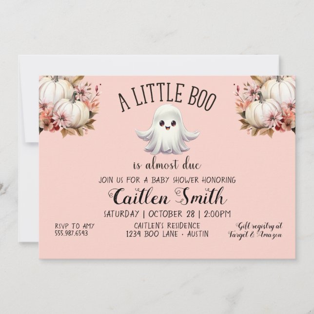 Invitation Un Petit Boo Est Presque Dû Baby shower Rose Fantô (Devant)