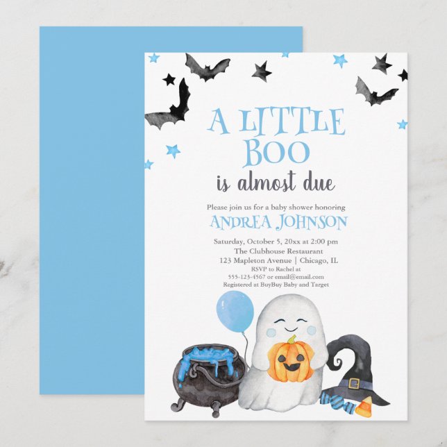 Invitation Un Petit Boo Est Presque Dû Blue Boy Baby shower (Devant / Derrière)