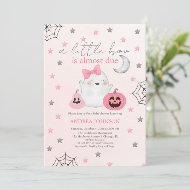 Invitation Un Petit Boo Est Presque Pink Girl Baby shower (Debout devant)