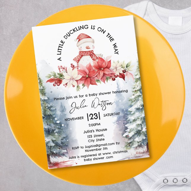 Invitation Un petit canard est sur le chemin Noël d'hiver (cute little duck with winter cap and scarf, between the christmas trees)