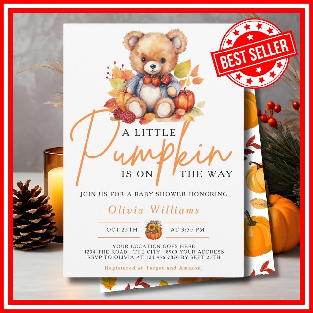 Invitation Un Petit Citrouille Automne Automne CUIR Baby show (A Little Pumpkin is on the Way Fall Autumn CUTE BEAR Baby Shower Invitation)