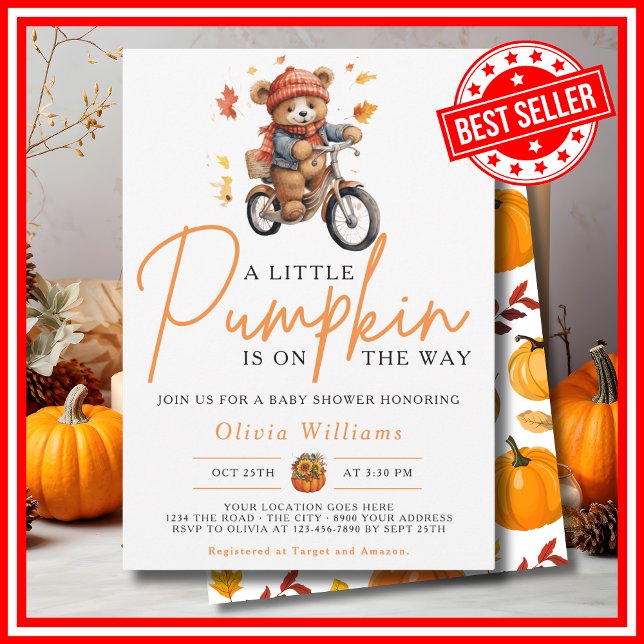 Invitation Un Petit Citrouille Automne Automne CUIR Baby show (A Little Pumpkin is on the Way Fall Autumn CUTE BEAR Baby Shower Invitation)