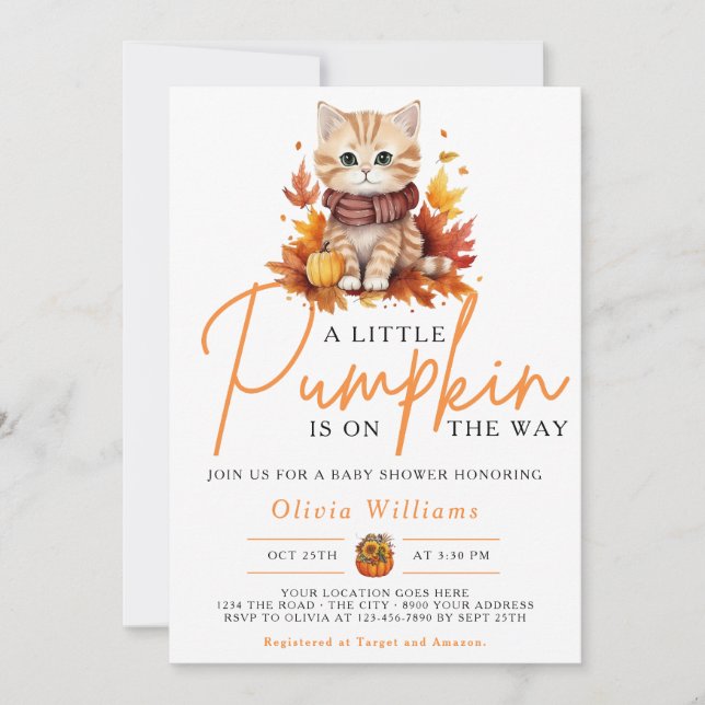 Invitation Un Petit Citrouille Automne Baby shower Chat Autom (Devant)