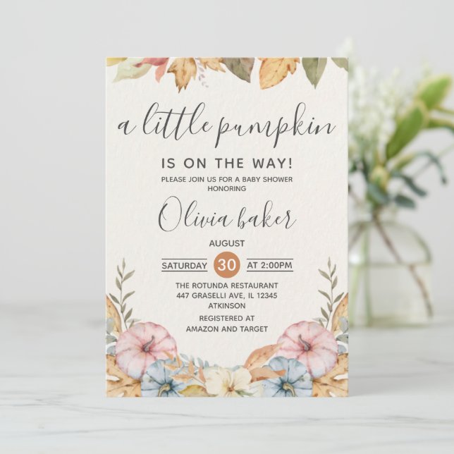 Invitation Un Petit Citrouille Automne Baby shower Floral Aut (Debout devant)