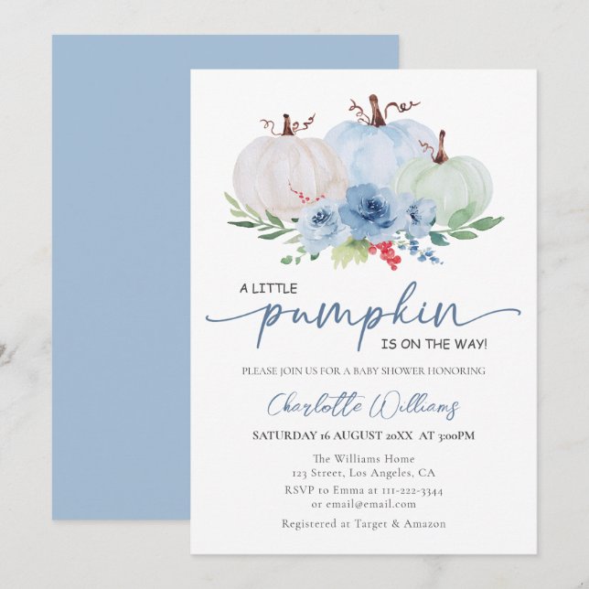 Invitation Un Petit Citrouille Automne Blue Boy Baby shower A (Devant / Derrière)