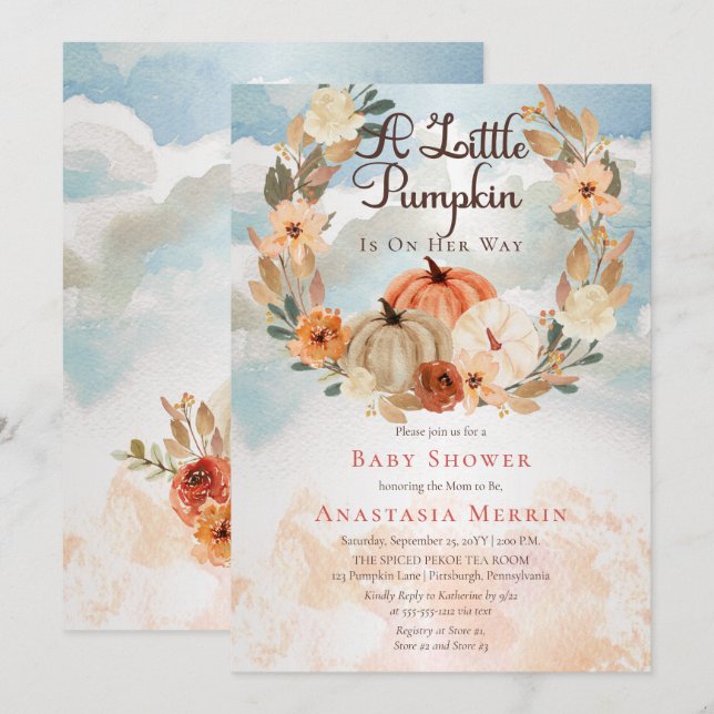 Invitation Un Petit Citrouille | Automne Floral Girl Baby sho (Devant / Derrière)