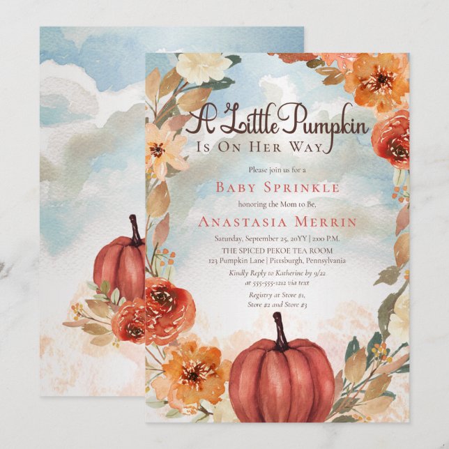 Invitation Un Petit Citrouille | Automne Floral Girl Baby Spr (Devant / Derrière)