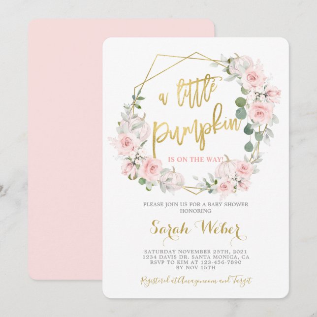 Invitation Un petit citrouille Automne rose baby shower fille (Devant / Derrière)
