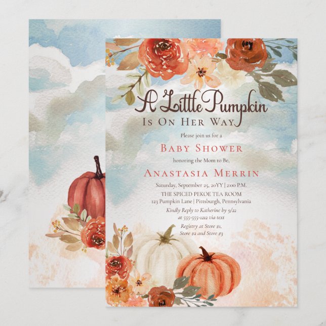 Invitation Un Petit Citrouille | Baby shower floral de automn (Devant / Derrière)