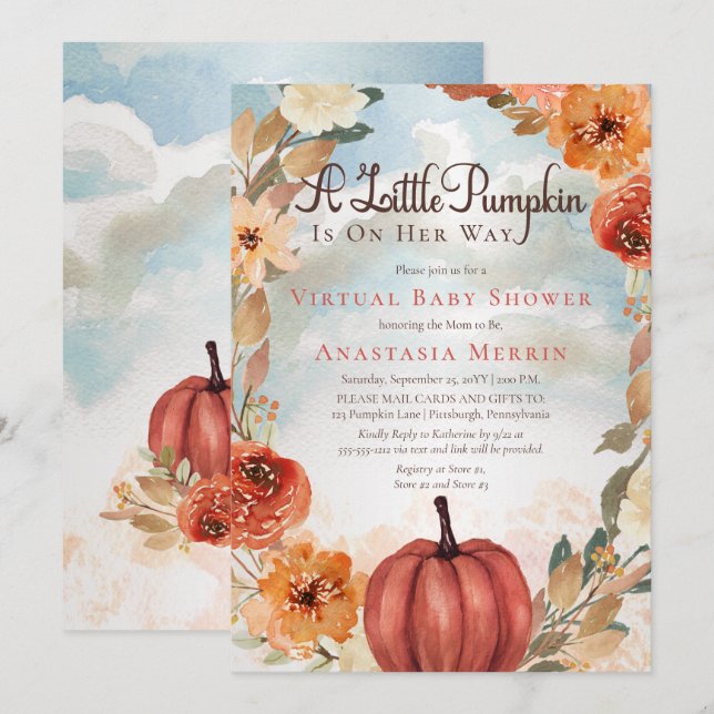 Invitation Un Petit Citrouille | Baby shower virtuel floral (Devant / Derrière)
