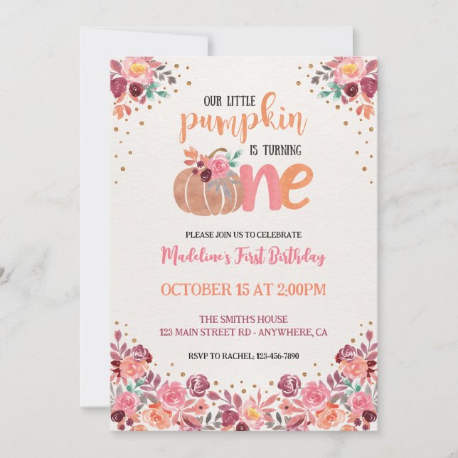 Invitation Un petit Citrouille Boho Floral 1er Anniversaire I (Devant)