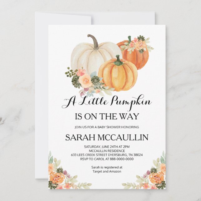 Invitation Un petit Citrouille est en route Baby shower Invit (Devant)