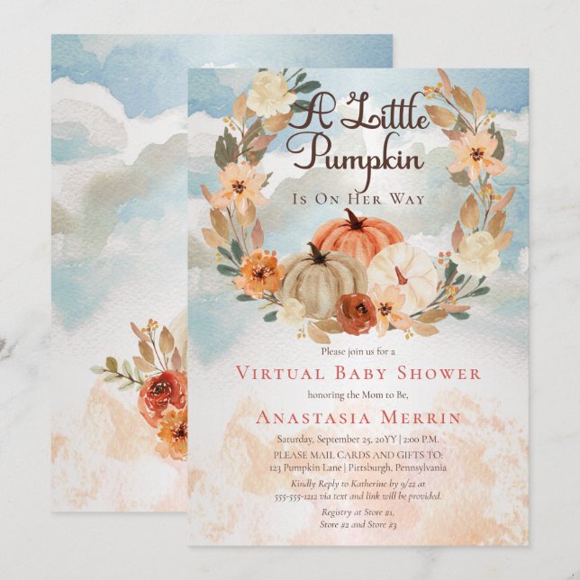 Invitation Un Petit Citrouille | Floral Girl Baby shower virt (Devant / Derrière)
