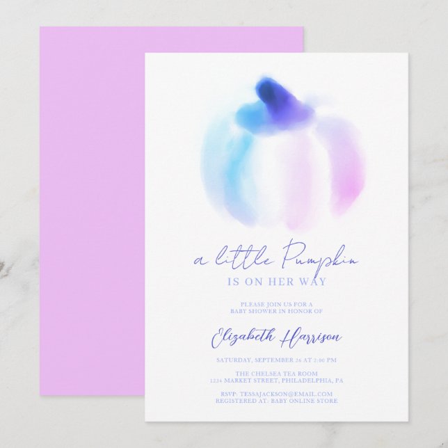 Invitation Un Petit Citrouille Ombre Aquarelle Baby Girl Douc (Devant / Derrière)