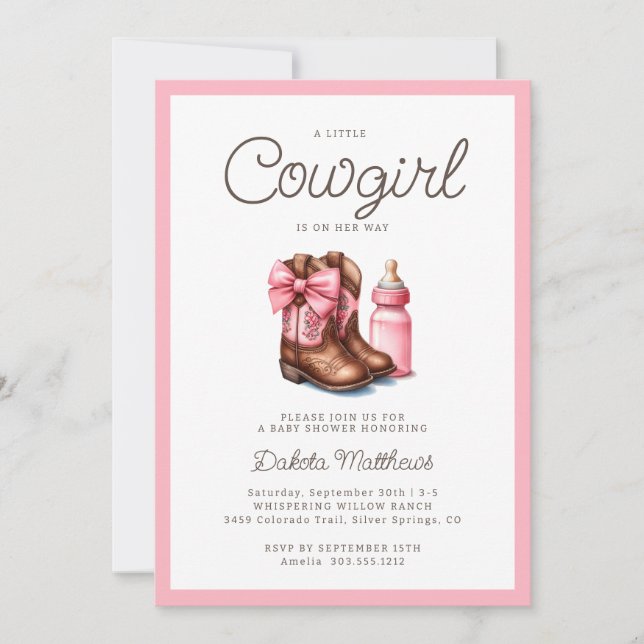 Invitation Un petit cowgirl Western Baby shower téléchargeabl (Devant)