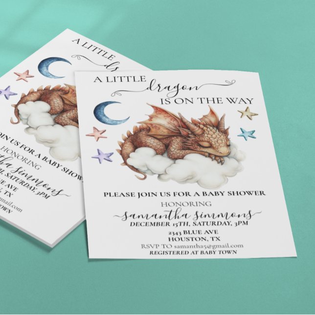 Invitation Un petit dragon dormant sur le Baby shower nuageux (Créateur téléchargé)