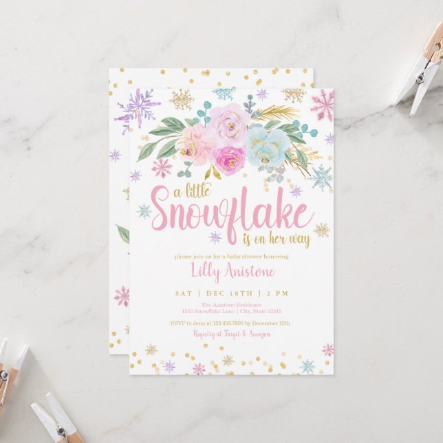 Invitation Un Petit Flocon De Neige Hiver Floral Baby Girl Do (Devant/Arrière en situation)