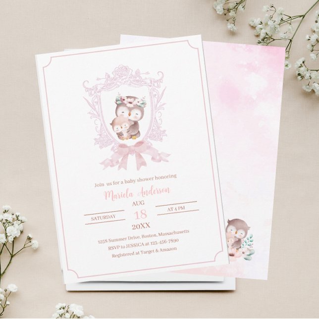 Invitation Un petit hibou crêtes roses arcs baby showInvitati (Créateur téléchargé)