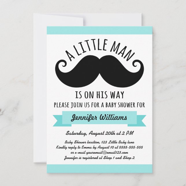 Invitation Un petit homme, baby shower bleu de moustache (Devant)