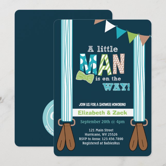 Invitation Un petit homme suspend l'invitation au Baby shower (Devant / Derrière)