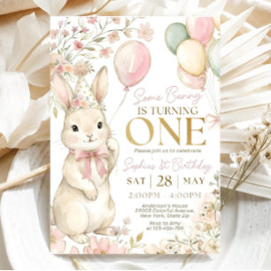 Invitation Un petit lapin a un an, Lapin rose au ruban Premie