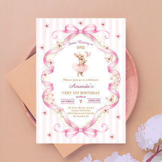 Invitation Un petit lapin a un an Ruban rose Gingham 1er anni