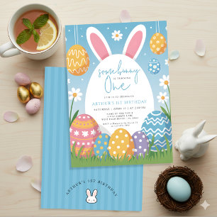 Invitation Un petit lapin fête son premier anniversaire de Pâ