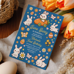 Invitation Un petit lapin fête son premier anniversaire de Pâ