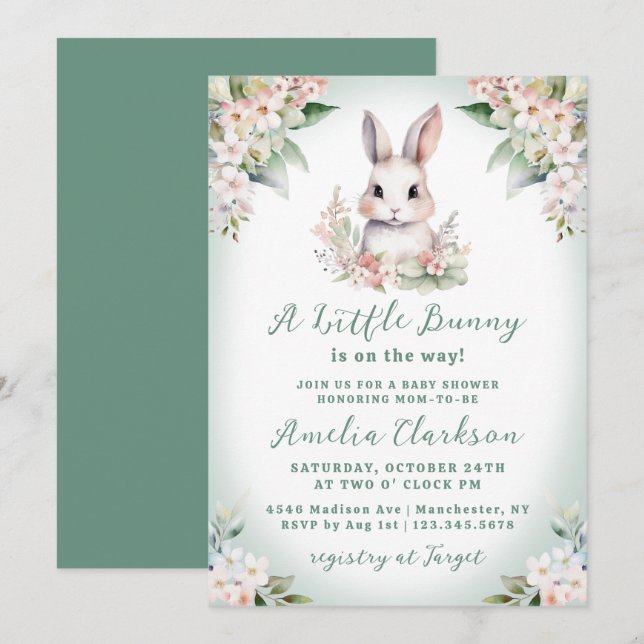 Invitation Un Petit Lapin Vert Doux & Baby shower Floral (Devant / Derrière)