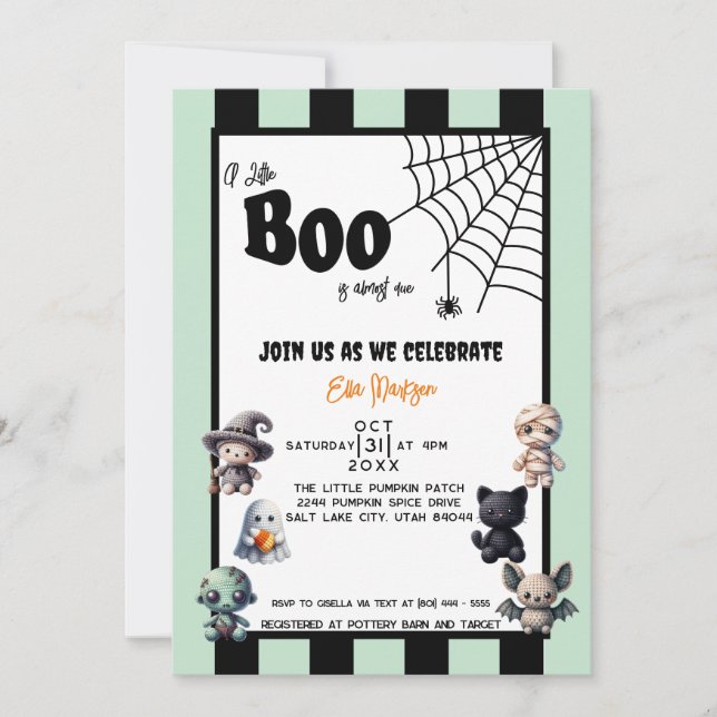 Invitation Un petit livre est presque dû Baby shower d'Hallow (Devant)