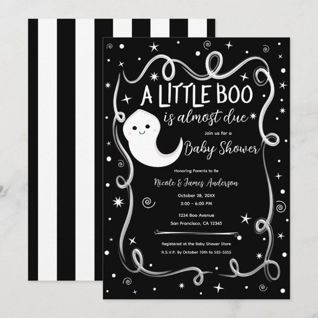 Invitation Un petit livre est presque dû Baby shower d'Hallow (Devant / Derrière)